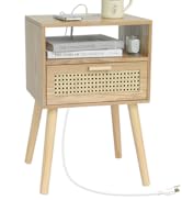MaxSmeo Bedside Table, Small Nightstand with Charging Station, Rattan Side Table Small Wood End T...