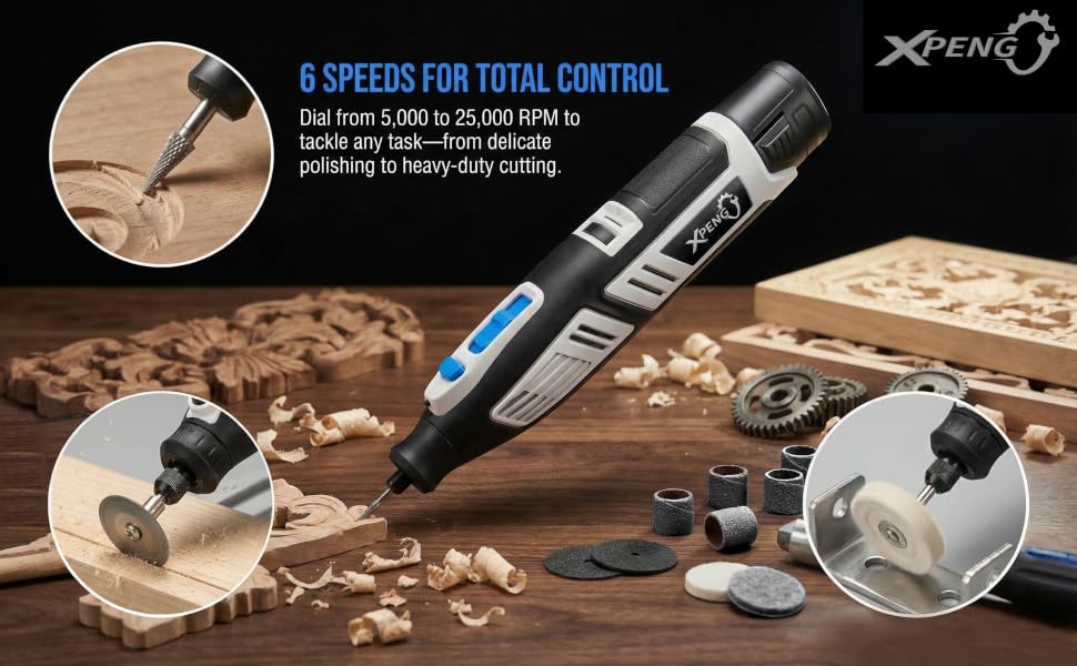 12V Cordless Rotary Tool with 6-Speed Variable Control 5000-25000 RPM