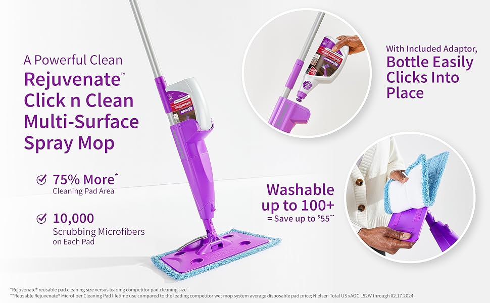Image of Rejuvenate Click N Clean Multi Surface Spray Mop and other features on a white background