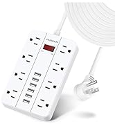 15 Ft Long Extension Cord Power Strip Surge Protector, HUNIAN Flat Plug with 8 Widely Spaced Outl...