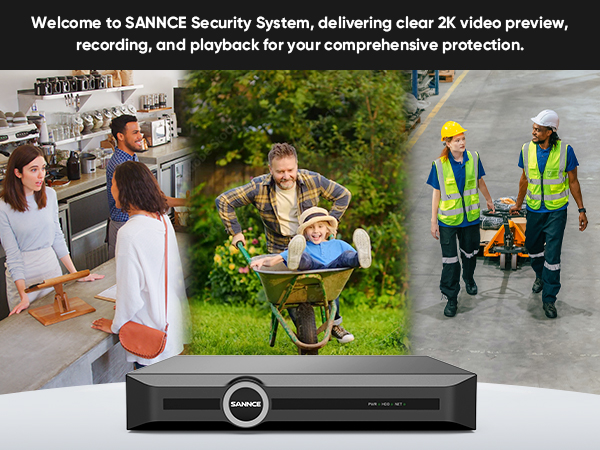 Text reads 'Welcome to SAMSCE Security System' showing security system interface with three panels displaying surveillance footage of different workplace scenarios.