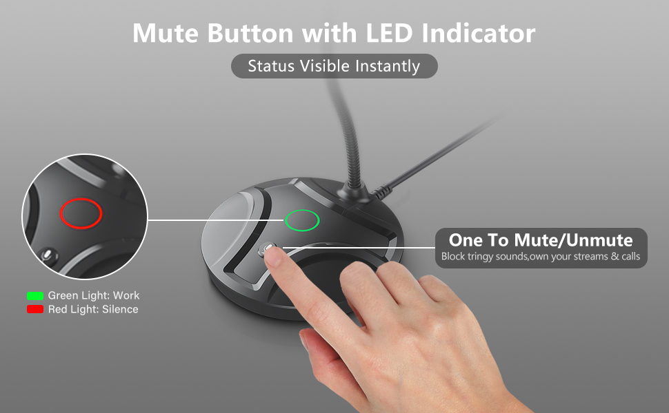 USB mic: Mute button with LED shows status instantly.