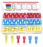 Twidec/100PCS Nylon Spade Connectors Kit 22-10 Gauge Quick Disconnect Fully Insulated Male and Fe...