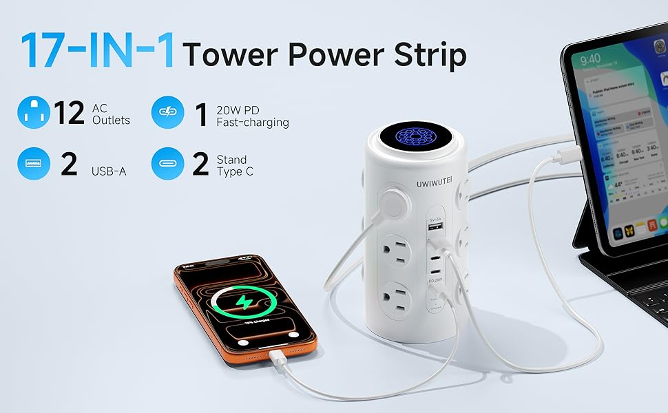 Tower Power Strip with 1 Dedicated PD 20W Fast-Charging Port
