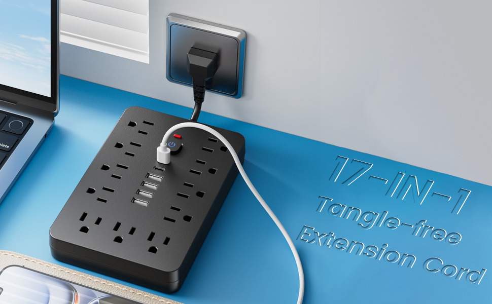 17-in-1 black extension cord power strip