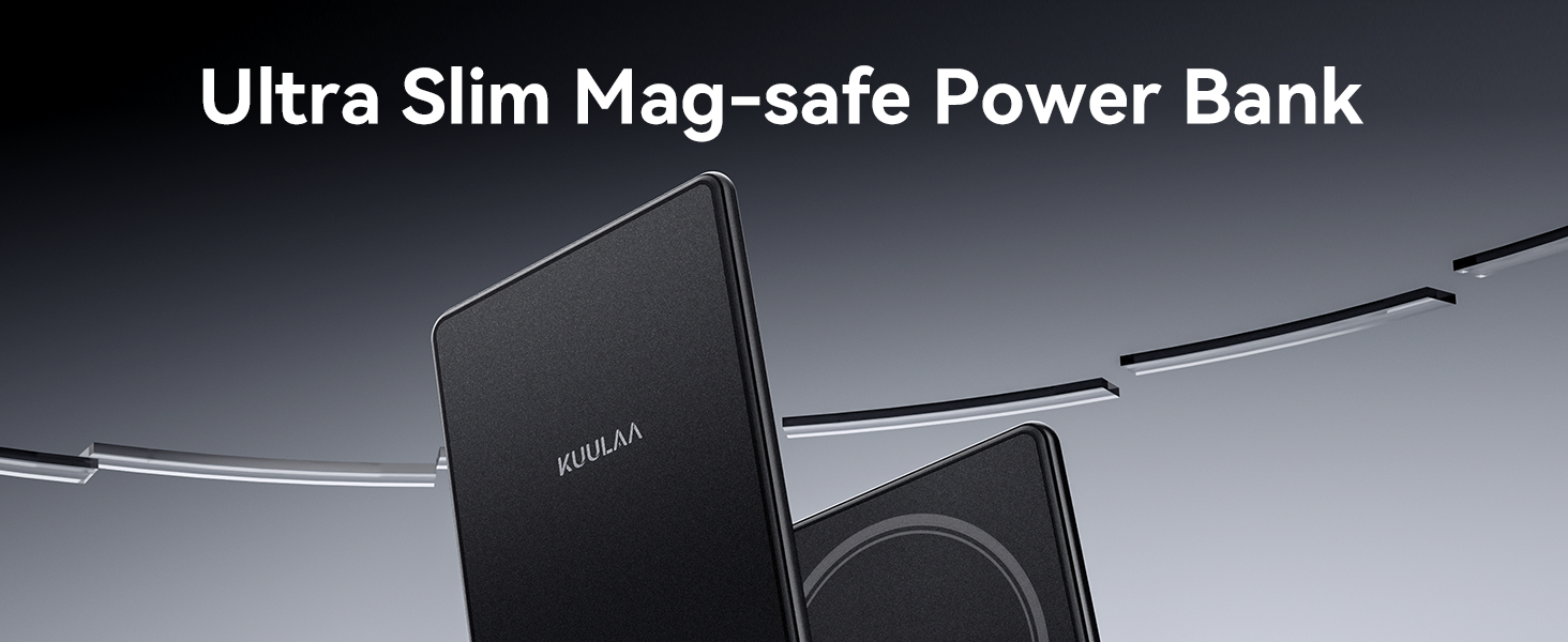 Ultra slim black power bank with mag-safe compatibility. Sleek, rectangular design with rounded edges, showcasing its thin profile against a dark background.