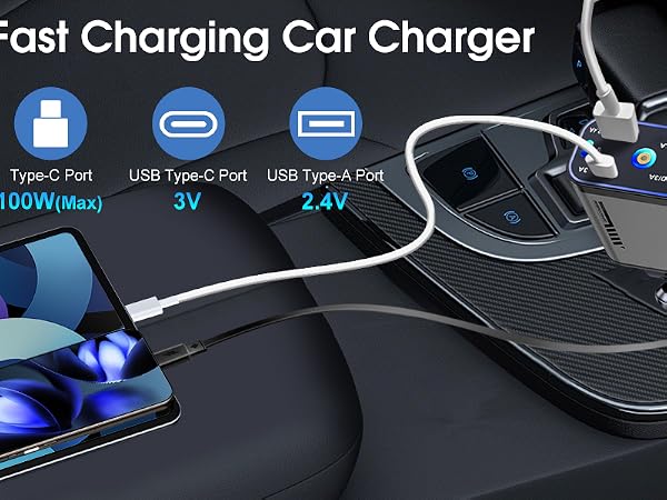 4 IN 1 Fast Charging Car Charger,Includes Lightning and Type-C charging cables,USB C and USB A ports