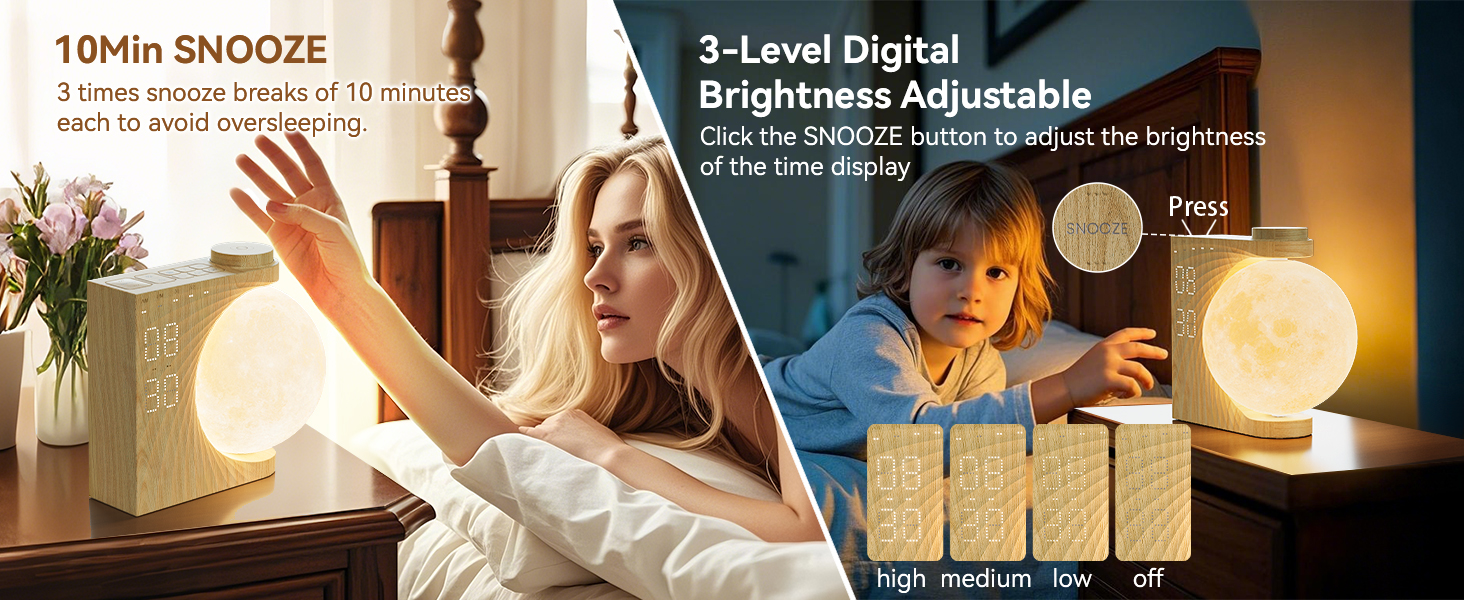 Spherical bedside lamp with 10-minute snooze feature and 3-level digital brightness adjustment. Split image shows lamp use in bedroom and child interacting with brightness settings.
