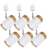H Type 6 Track Lighting Heads, Natural Solid Wood and Matte White Lampshade Spotlights, Brushed N...