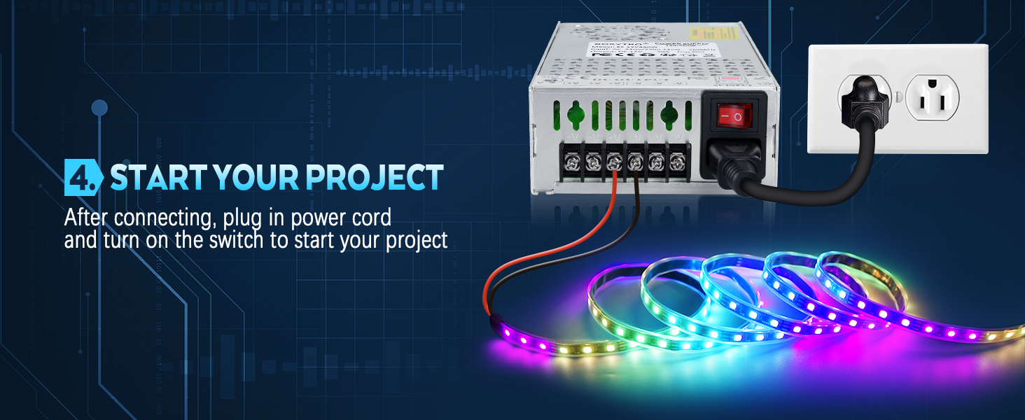 LED strip light kit with power supply, multicolored illuminated strip, and wall outlet. Instructions show to connect power cord and turn on switch to start project.