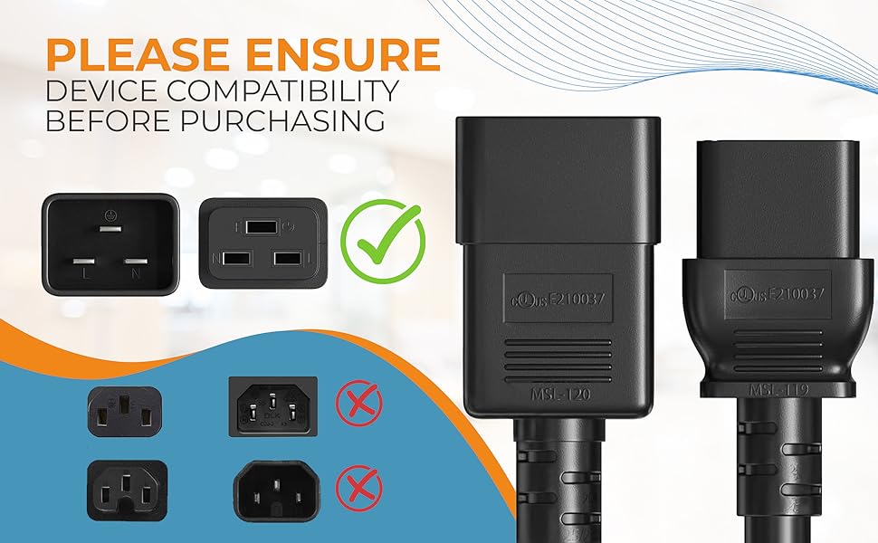 IEC320 C20 to C19 Heavy Duty Extension Power Cord, 12AWG, SJT, 20A/250V