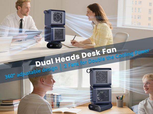 Nauttxon Dual-Head Desk Fan - Rechargeable Desktop Fan for Bedroom Office Home Desk Outdoor