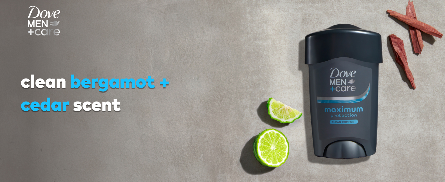 Dove Men+Care logo above text, soft solid stick &amp;amp; visual scent representations of bergamot &amp;amp; cedar.