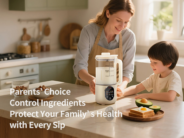 A mother and child make breakfast together with a nut milk maker in a cozy kitchen