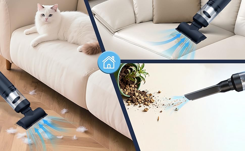 Portable small vacuum removing pet hair from a sofa and cleaning scattered dust