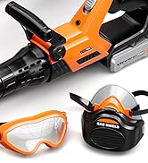 Orange and black battery-powered leaf blower with protective gear including orange safety goggles and black face mask.