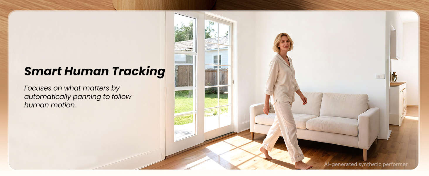 Woman walking through the living room, smart camera human tracking that pans to follow the motion.
