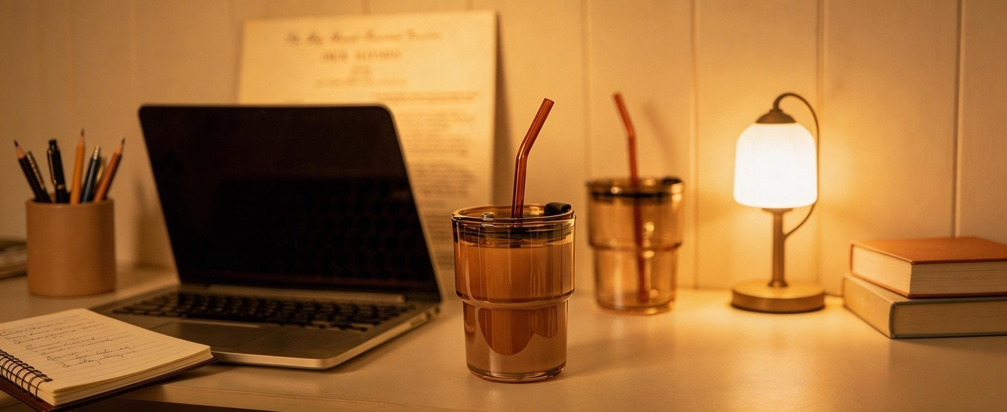 glass tumbler with lid and straw