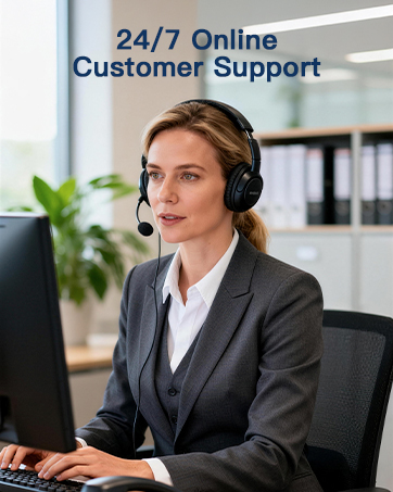 Text reads '24/7 Online Customer Support'. Professional setting showing customer service representative wearing headset at computer workstation in modern office environment.