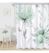 Litabel Green and Grey Boho Watercolor Floral Shower Curtain, Ink Painting Style Blossom &amp; Leaf S...