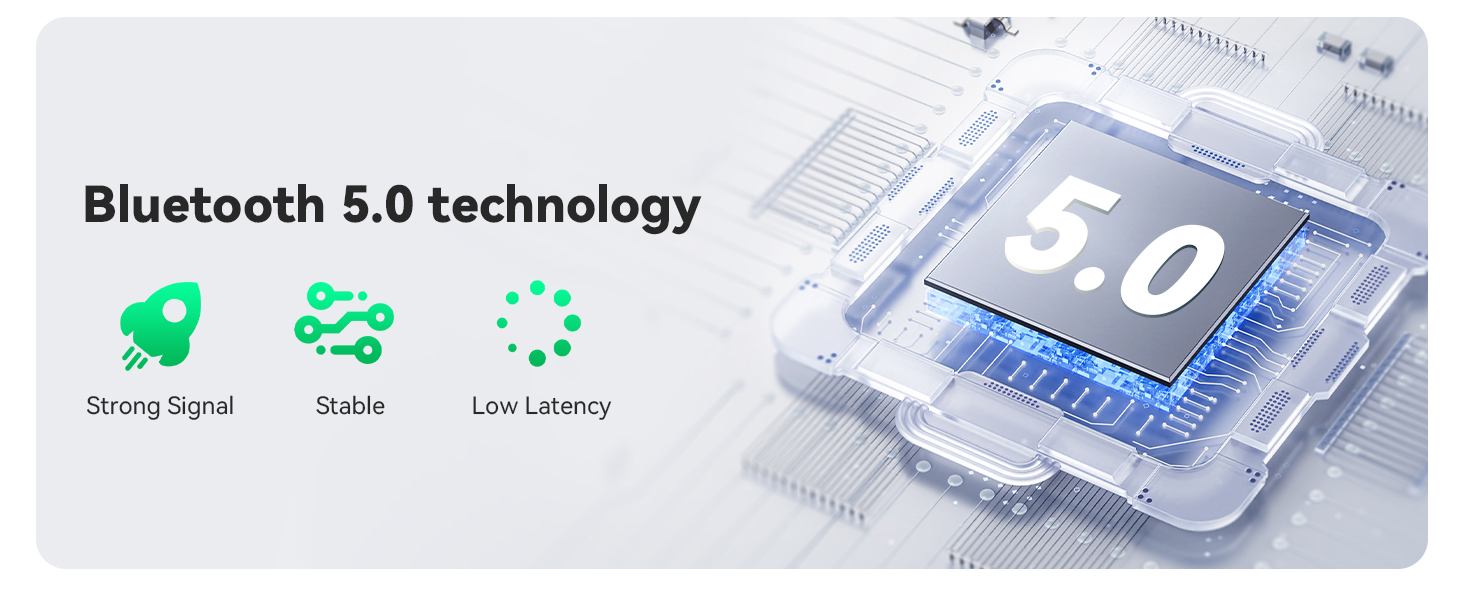 Text reads 'Bluetooth 5.0 Technology'. Technical diagram showing Bluetooth connectivity features and specifications against blue background.