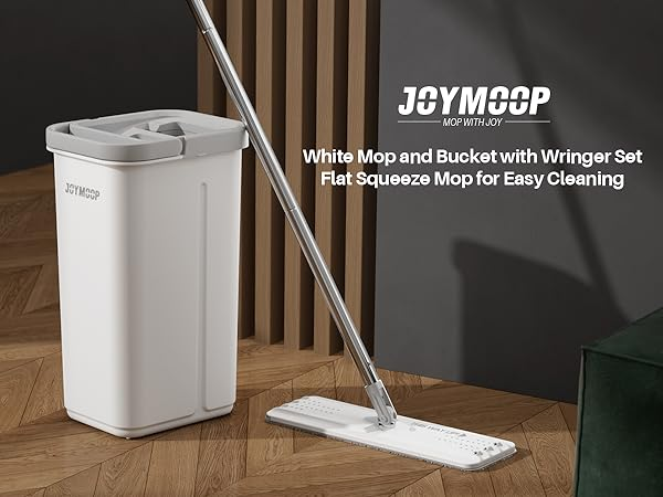 White Mop and Bucket with Wringer Set Flat Squeeze Mop for EasyCleaning