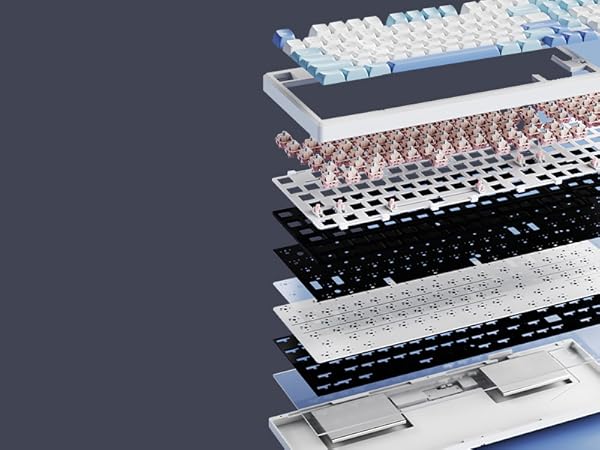 a stack of different types of keyboards.