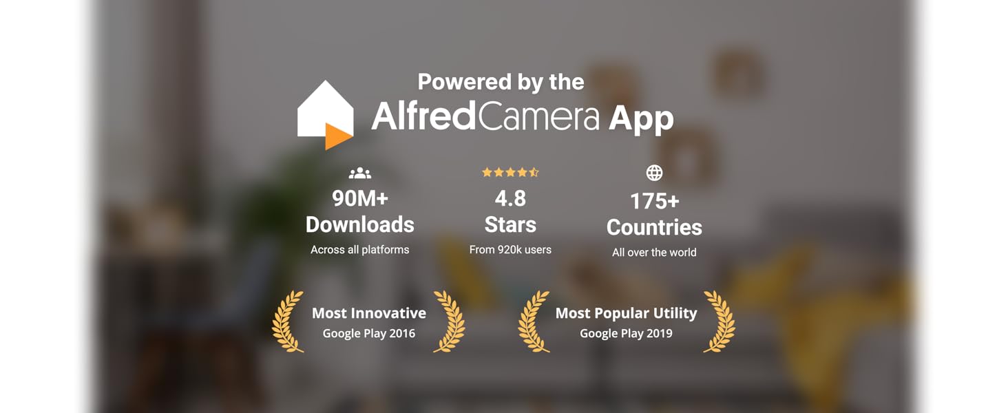 AlfredCamera app stats showing 90M+ downloads, 4.8 stars, and availability in 175+ countries.