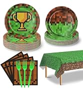 Pixel Party Paper Plates and Napkins Supplies - Serves 25 - 9" &amp; 7" Paper Plates Napkins Forks Ta...
