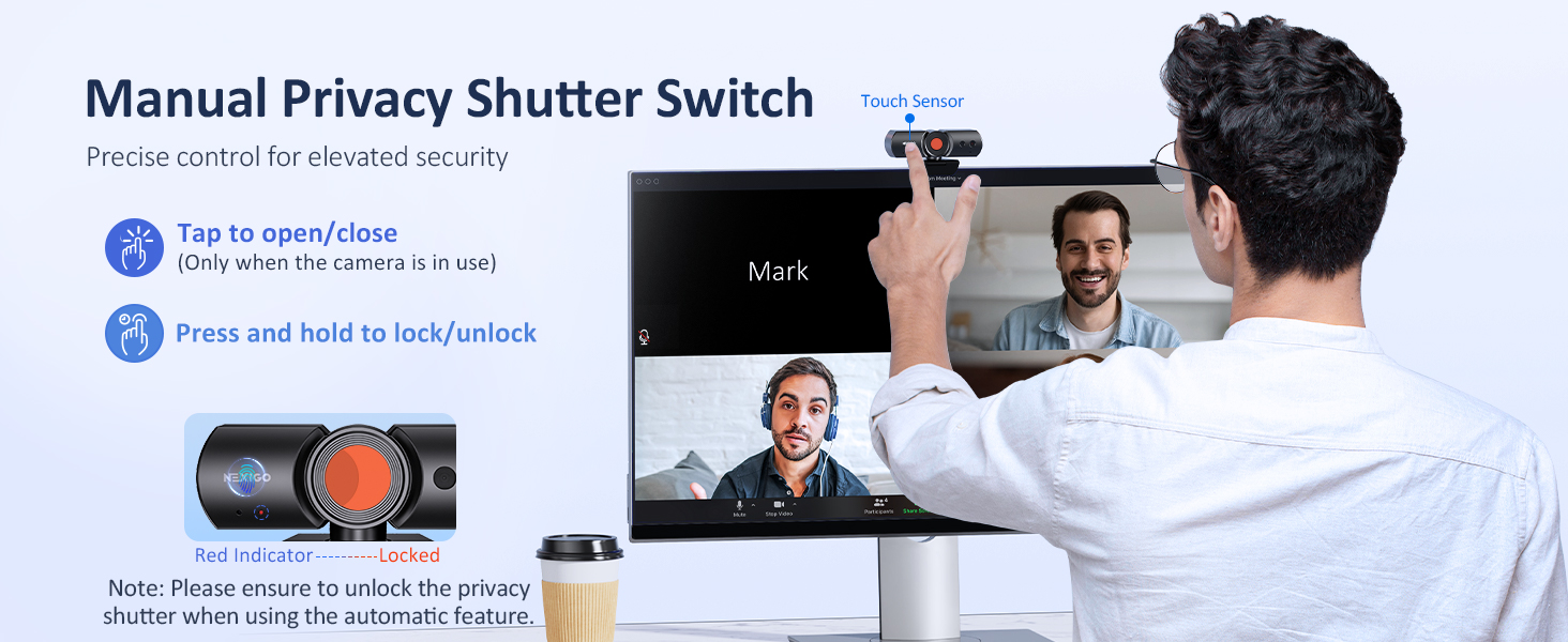 A man taps the privacy cover switch to turn on the cover.