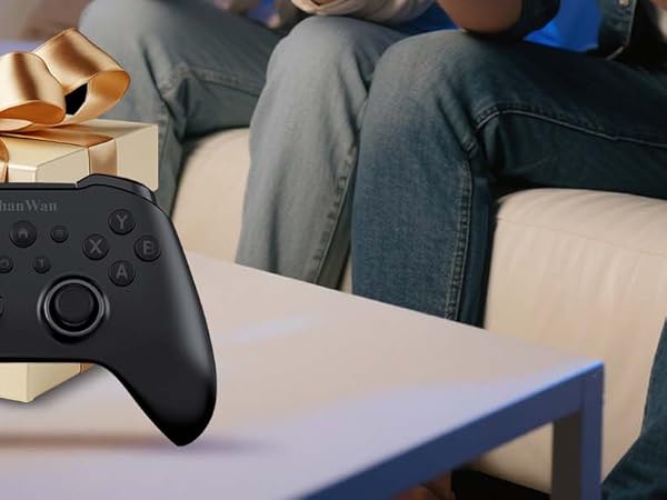 Multiple images showing gaming controllers being held and used, appearing to demonstrate gameplay or controller functionality.