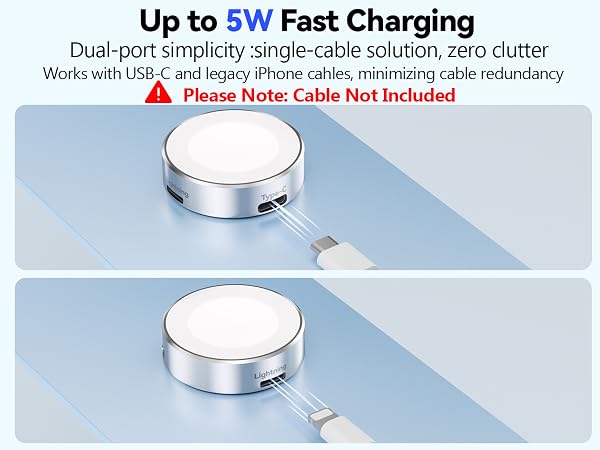 Text reads 'Up to 5W Fast Charging' and 'Works with USB-C and legacy iPhone cables, removing cable redundancy' and 'Please Note: Cable Not Included'. Product showing charging device with technical specifications.