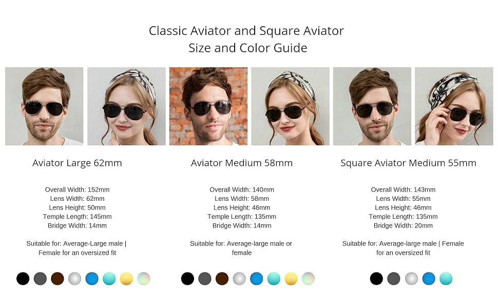 J+S Vision Classic Aviator Square sunglasses size guide large medium models real life
