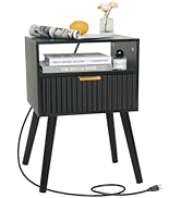 Fultyle Black Nightstand with Charging Station, Mid Cetury Modern Nightstand with Drawers, Fluted...