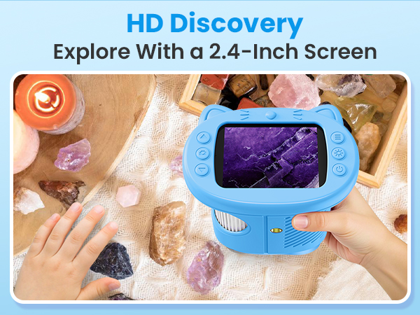 Text reads 'HD Discovery' and 'Explore with a 2.4-inch screen'. Digital microscope device shown examining crystals and minerals with blue frame and display screen.