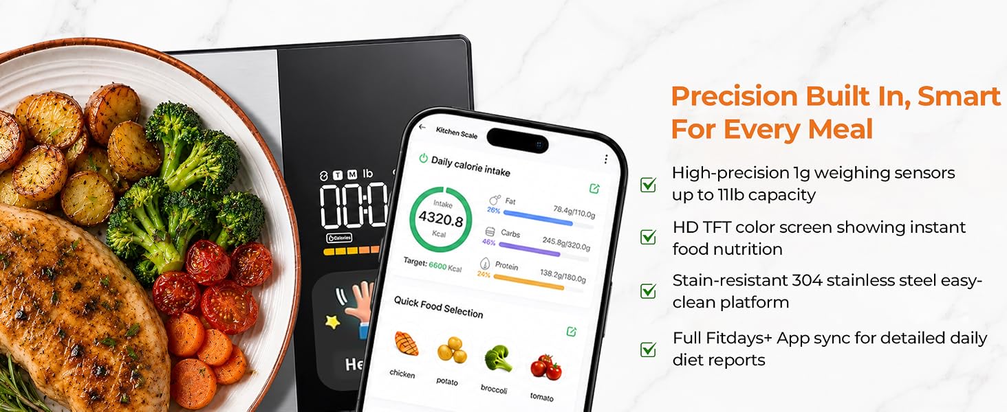 High precision stainless steel smart food scale with full Fitdays App sync function