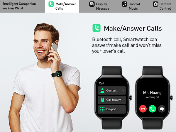 Smartwatch interface showcasing call-related features including Make/Answer Calls, Bluetooth call, and contact management options.