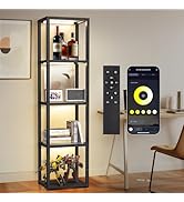 OUTON 67" Glass Display Shelf with Dimmable LED Floor Lamp, Collectibles Display Cabinet with Rem...