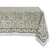 ATOSII Amara Green 100% Cotton Rectangle Fall Tablecloth, Handblock Floral Print Linen Table Clot...