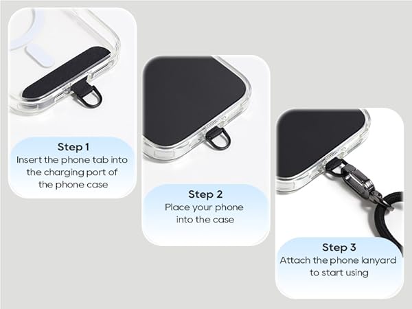 Text reads 'Step 1: Insert the phone back into This phone back cuff, Step 2: Place your phone into the case, Step 3: Attach the phone keychain to start using'. Installation guide for phone case with grip.