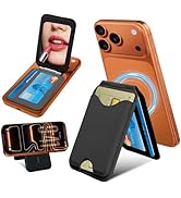 Magnetic Phone Card Holder Wallet with Mirror, 5 Card Slots, Brown Leather