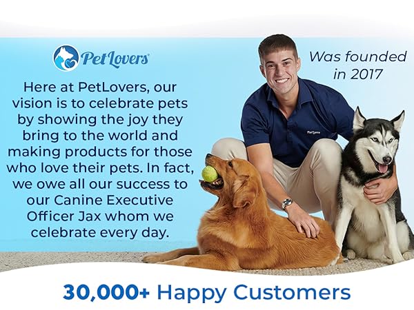 PetLovers brand story with founder and two dogs, established 2017, 30,000+ happy customers.