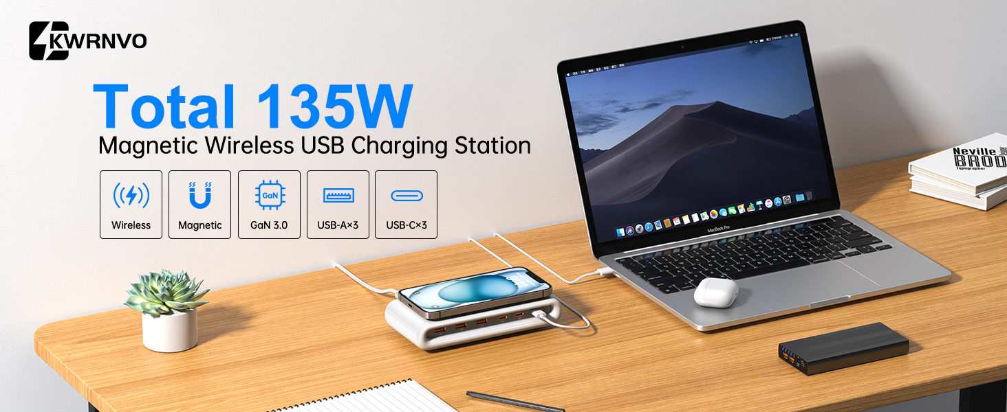 Magnetic usb charging station with 3 usb c ports and 3 usb a ports