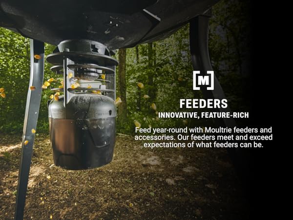 Moultrie feeder dispensing in the field, highlighting advanced features.