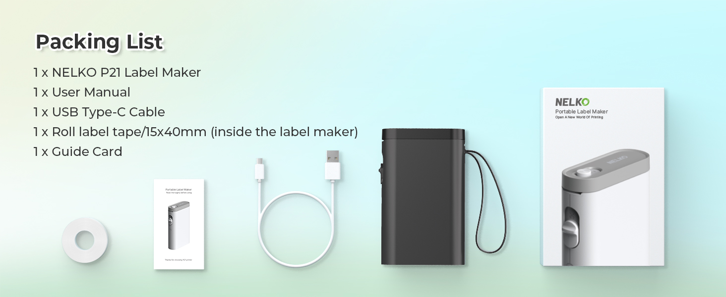 Packing list for Neliko K2 Label Maker, including USB cable, roll tape, user manual, and product box. Components displayed on mint green background.