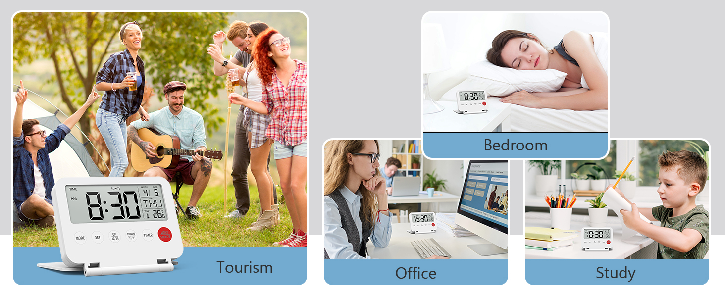 Digital Travel Alarm Clock, Large LCD Display Small Alarm Clock with Temperature, 12/24H, Desk Clock