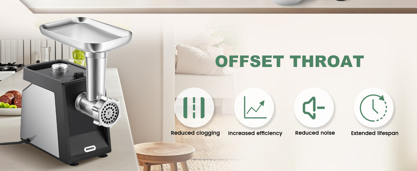 Huanyu electric meat grinder with offset throat for reduced clogging inceased efficiency