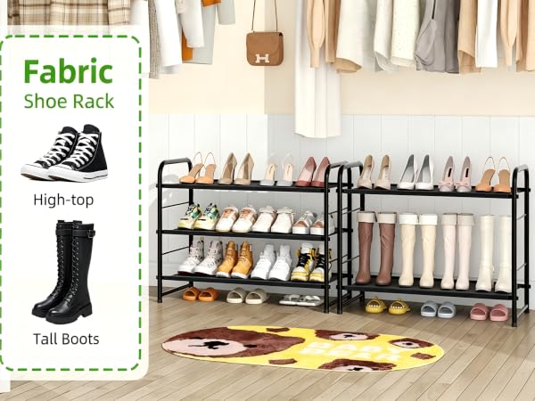 3 Tier Stackable Shoe Rack, Expandable Adjustable Fabric Shoe Shelf Storage Organizer