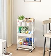 JIUYOTREE 3-Tier Plastic Rolling Storage Cart Utility Cart with Extra Hanging Cups Handles Lockab...