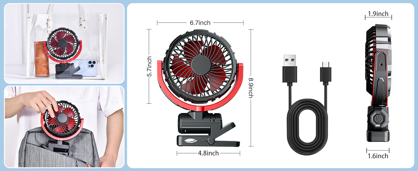 HIYJEN Car Fan 5V USB Small Clip on Sun Visor Fan for Front/Rear Seat, 2000mAh Rechargeable